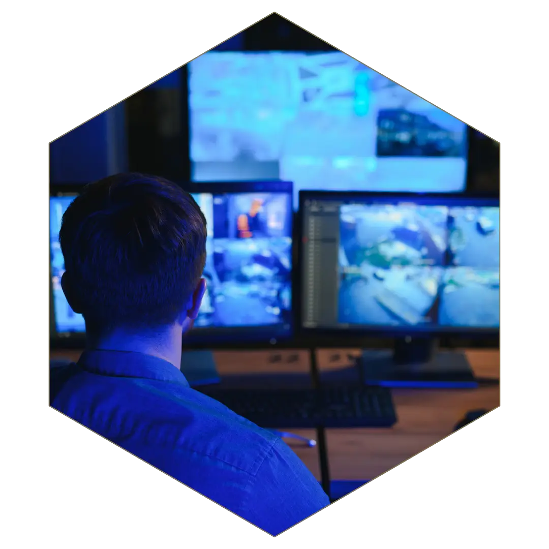 Business investigations — workplace threats, fraud, theft, and harassment monitoring with surveillance screens.