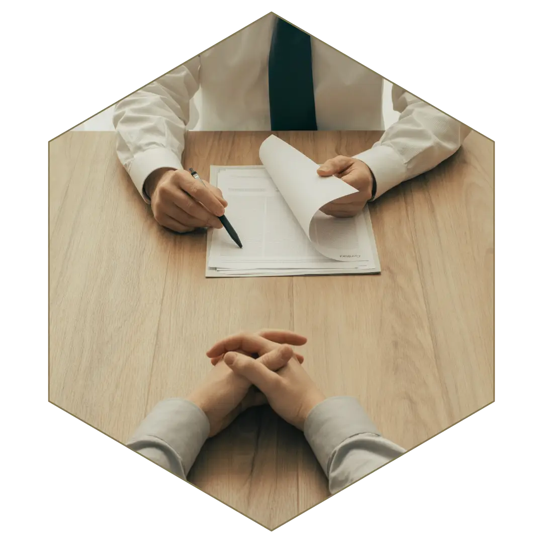 Close-up of hands exchanging a legal document across a desk, symbolizing witness interviews, sworn statements, and legal investigations.