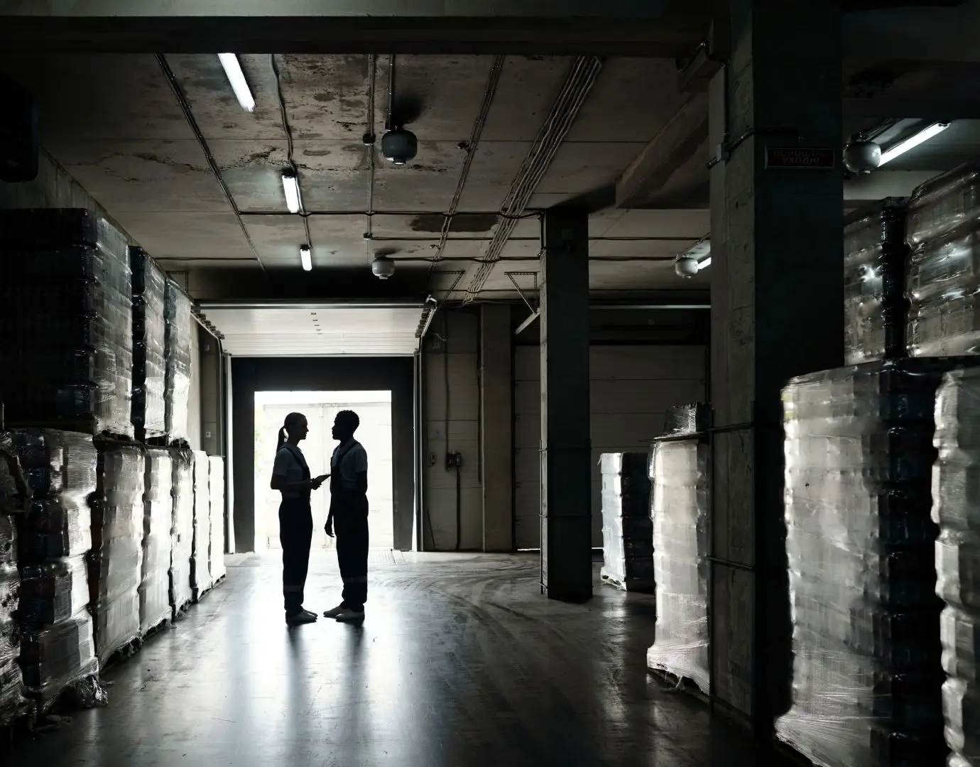 Supply chain security team in warehouse monitoring high-value cargo storage.