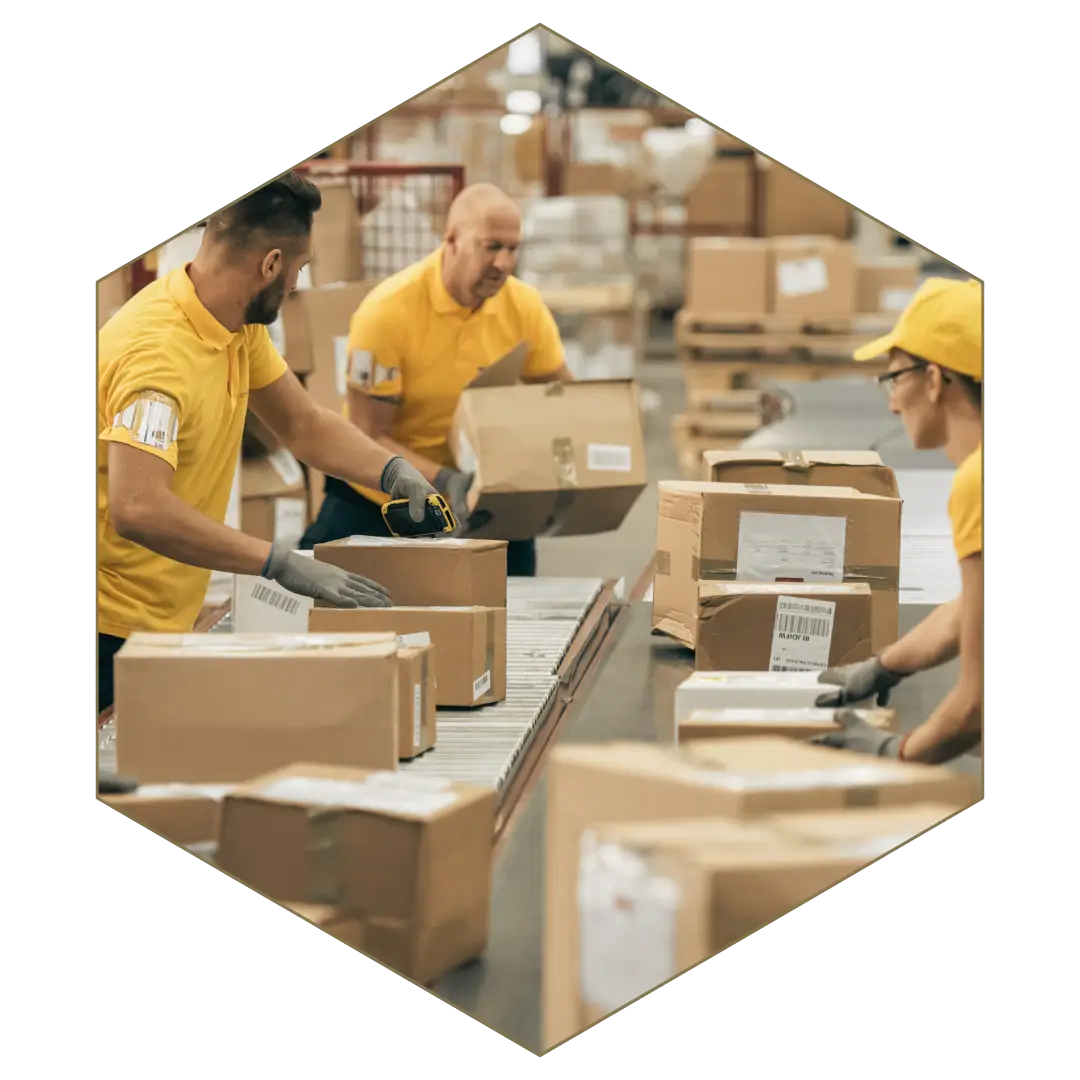 Warehouse staff handling packages and inventory, representing theft, fraud, and corporate investigations.